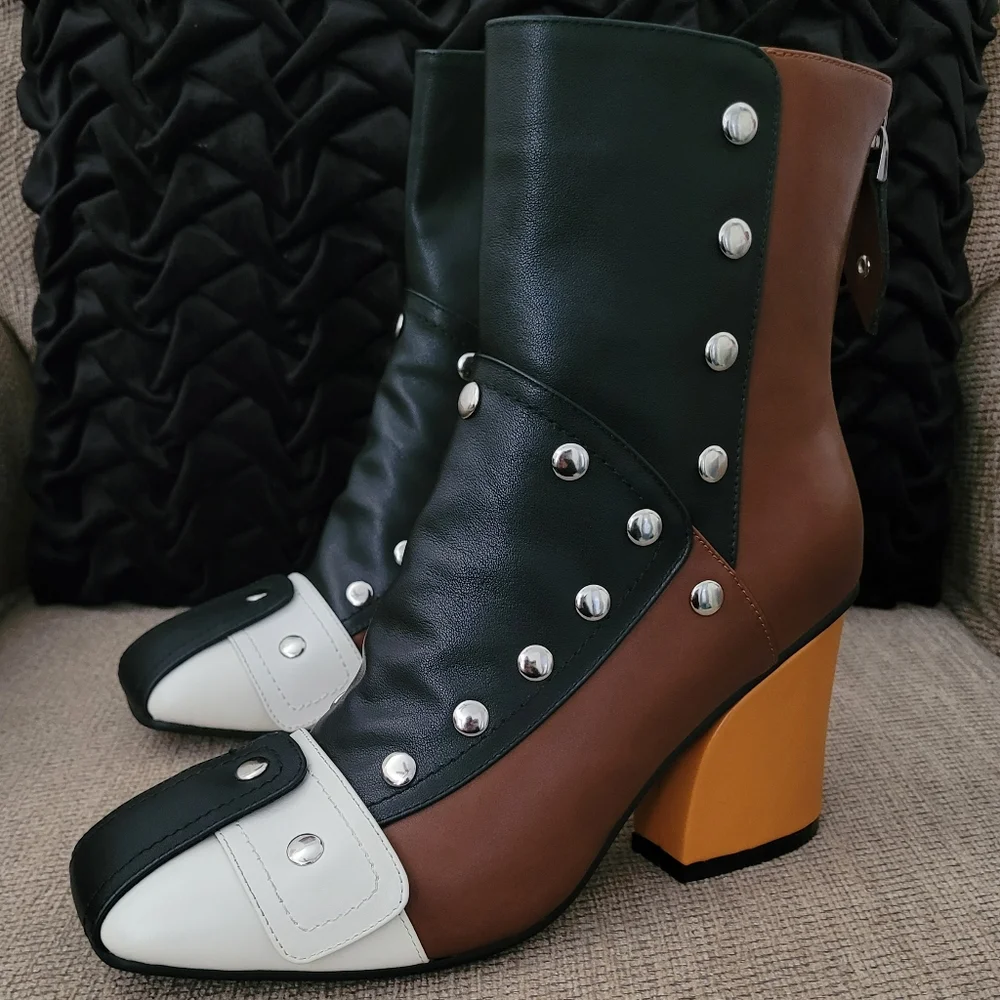 JOCHEBED HU GENUINE LEATHER RETRO STUDDED COLORBLOCK BOOTIES